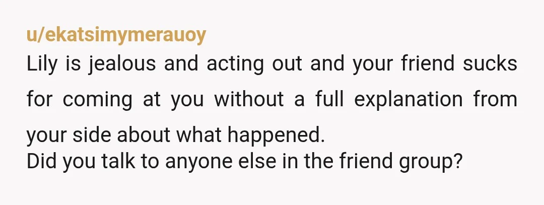 u/ekatsimymerauoy Lily is jealous and acting out and your friend sucks for coming at you without a full explanation from your side about what happened. Did you talk to anyone...