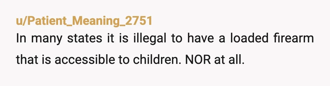 u/Kephielo
Nope.
That's how kids die.
We would not be doing anymore visits to grandma's house.
Period.
My kids are not allowed around guns.