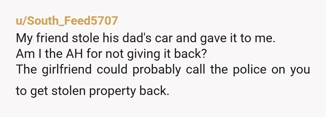 u/South_Feed5707 My friend stole his dad's car and gave it to me. Am I the AH for not giving it back? The girlfriend could probably call the police on you...