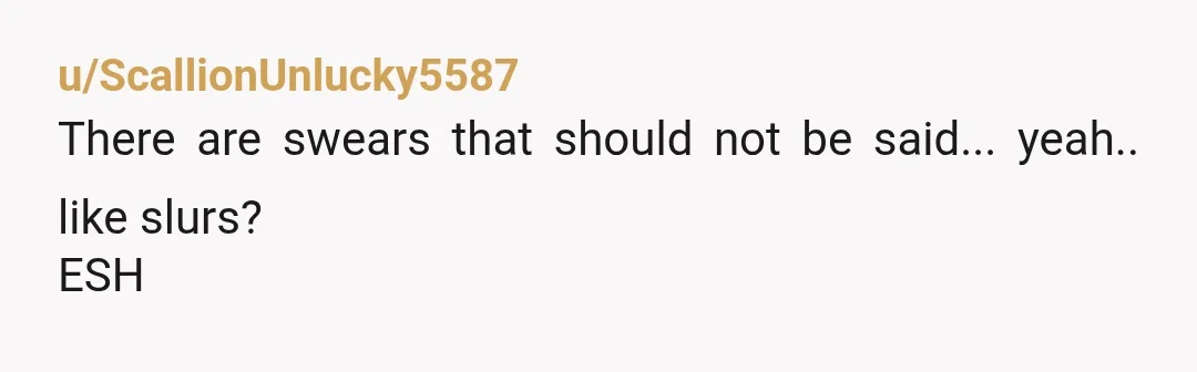 u/ScallionUnlucky5587
There are swears that should not be said... yeah.. like slurs?
ESH
