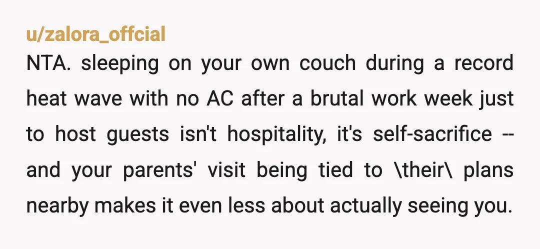 u/HellaTroi No is a complete sentence. Your parents are inflicting their wants on you. If they really want to visit a family member, they can stay at a motel that...