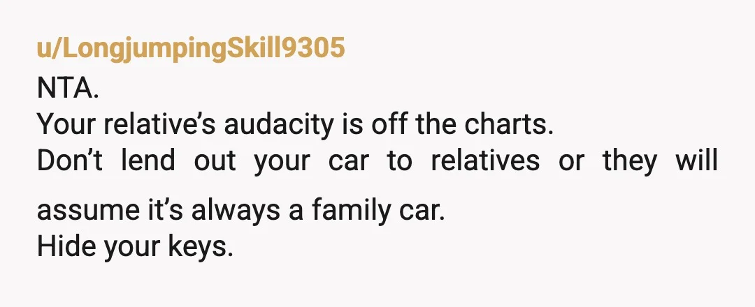 u/LongjumpingSkill9305
NTA.
Your relative’s audacity is off the charts.
Don’t lend out your car to relatives or they will assume it’s always a family car.
Hide your keys.