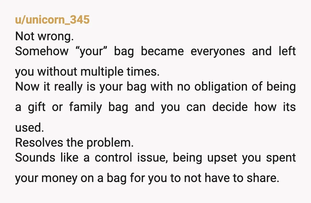 u/unicorn_345 Not wrong. Somehow “your” bag became everyones and left you without multiple times. Now it really is your bag with no obligation of being a gift or family bag...