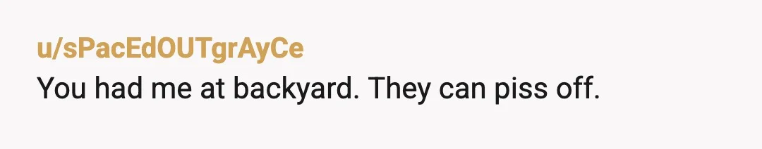 u/MegsSixx I would say to her that it's rather weird to be staring into your yard all day watching children splash about to become offended by it. Make her feel...