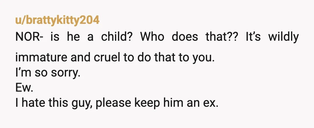 u/brattykitty204 NOR- is he a child? Who does that?? It’s wildly immature and cruel to do that to you. I’m so sorry. Ew. I hate this guy, please keep him...