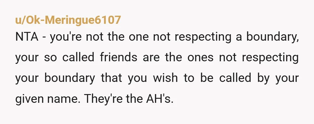 u/Ok-Meringue6107 NTA - you're not the one not respecting a boundary, your so called friends are the ones not respecting your boundary that you wish to be called by your...