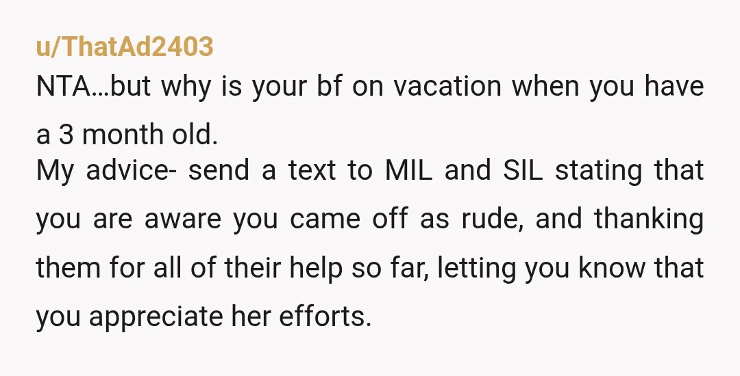 u/ThatAd2403 NTA…but why is your bf on vacation when you have a 3 month old. My advice- send a text to MIL and SIL stating that you are aware you...