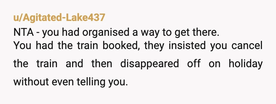 u/Agitated-Lake437 NTA - you had organised a way to get there. You had the train booked, they insisted you cancel the train and then disappeared off on holiday without even...