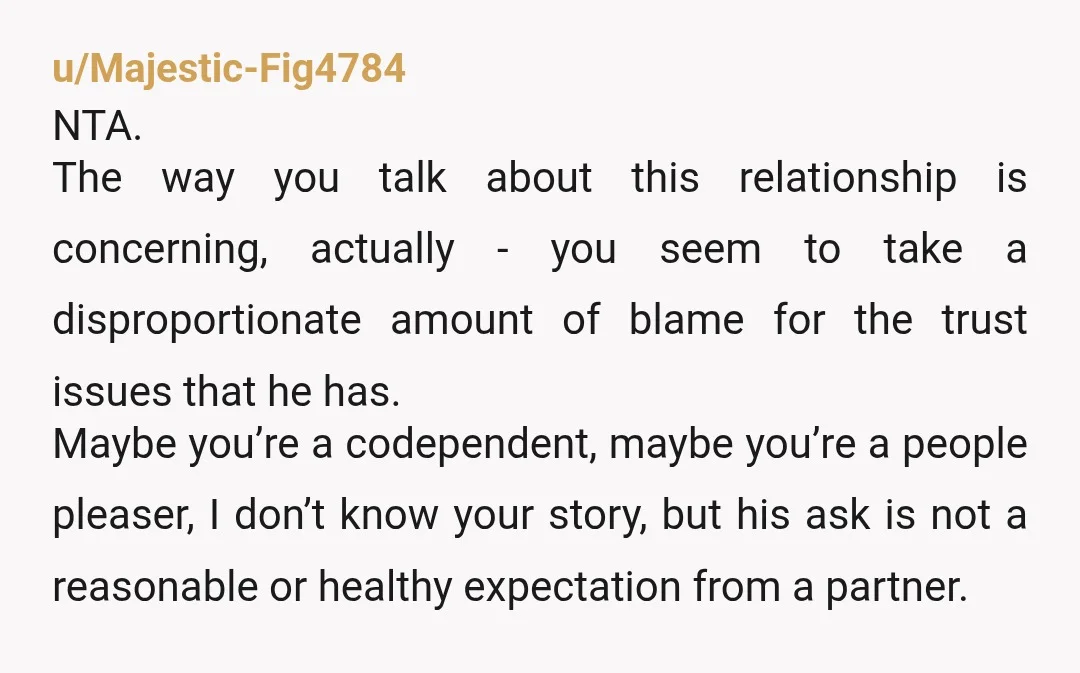 u/Majestic-Fig4784 NTA. The way you talk about this relationship is concerning, actually - you seem to take a disproportionate amount of blame for the trust issues that he has. Maybe...