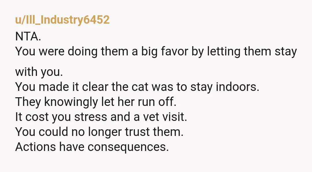 u/Ill_Industry6452 NTA. You were doing them a big favor by letting them stay with you. You made it clear the cat was to stay indoors. They knowingly let her run...
