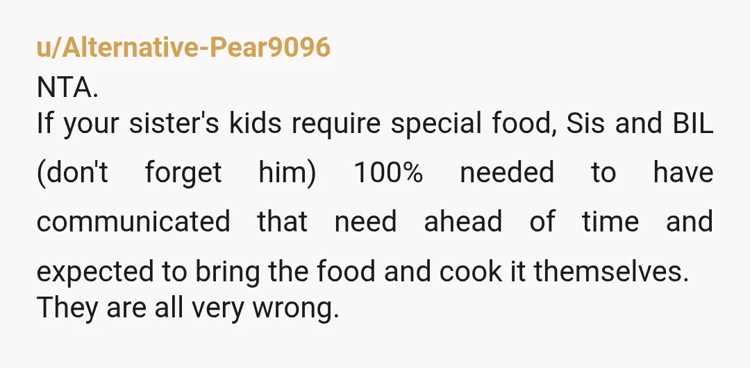 u/Alternative-Pear9096 NTA. If your sister's kids require special food, Sis and BIL (don't forget him) 100% needed to have communicated that need ahead of time and expected to bring the...