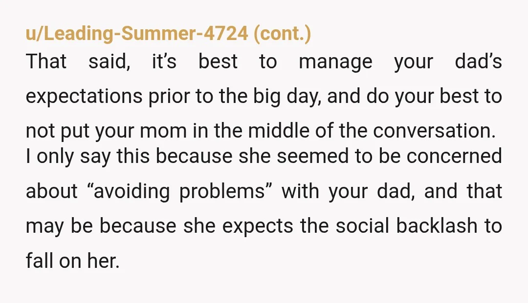 u/Itchy_Juice_2528 NTA. You're overthinking this - invite your dad only. Tell him that your invitations are limited and you aren't able to include his wife. If your dad complains, tell...
