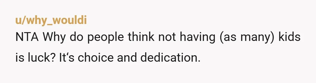 u/why_wouldi
NTA Why do people think not having (as many) kids is luck? It‘s choice and dedication.