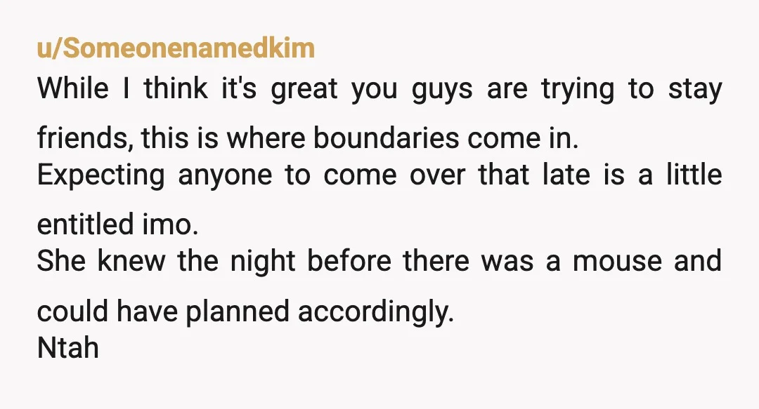 u/Someonenamedkim While I think it's great you guys are trying to stay friends, this is where boundaries come in. Expecting anyone to come over that late is a little entitled...