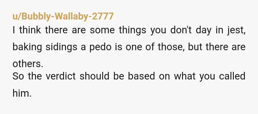u/Bubbly-Wallaby-2777 I think there are some things you don't day in jest, baking sidings a pedo is one of those, but there are others. So the verdict should be based...