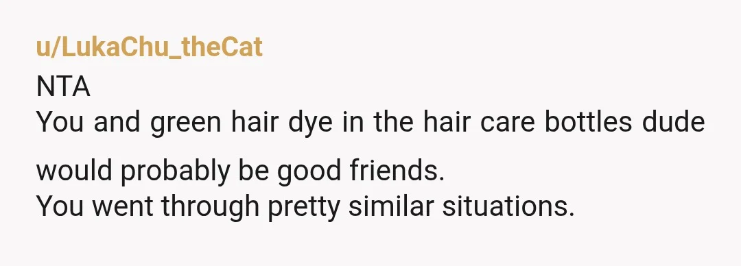 u/LukaChu_theCat
NTA
You and green hair dye in the hair care bottles dude would probably be good friends.
You went through pretty similar situations.