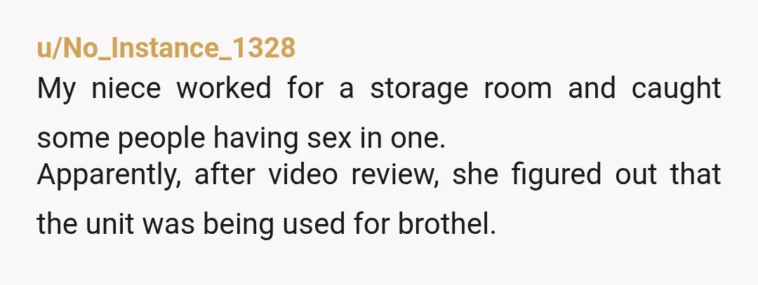 u/No_Instance_1328 My niece worked for a storage room and caught some people having sex in one. Apparently, after video review, she figured out that the unit was being used for...
