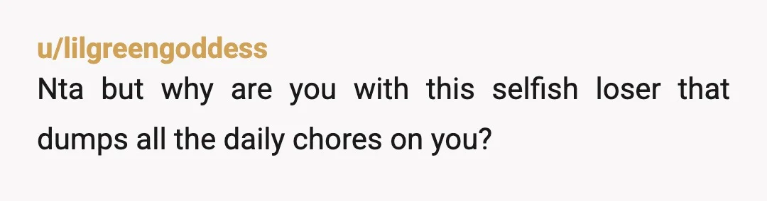 u/lilgreengoddess
Nta but why are you with this selfish loser that dumps all the daily chores on you?