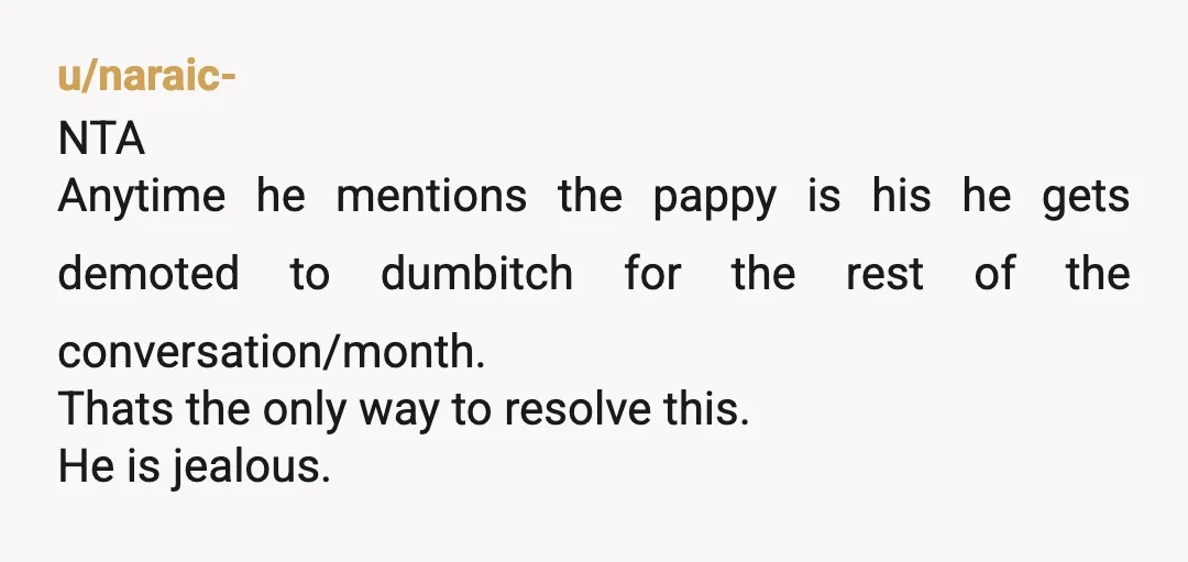 u/naraic-
NTA
Anytime he mentions the pappy is his he gets demoted to dumbitch for the rest of the conversation/month.
Thats the only way to resolve this.
He is jealous.