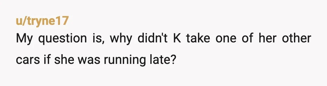 u/tryne17
My question is, why didn't K take one of her other cars if she was running late?