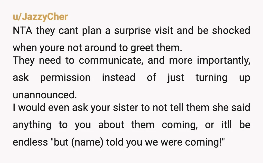 u/JazzyCher NTA they cant plan a surprise visit and be shocked when youre not around to greet them. They need to communicate, and more importantly, ask permission instead of just...
