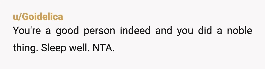 u/Goidelica
You're a good person indeed and you did a noble thing. Sleep well. NTA.