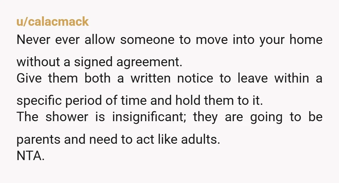u/calacmack Never ever allow someone to move into your home without a signed agreement. Give them both a written notice to leave within a specific period of time and hold...