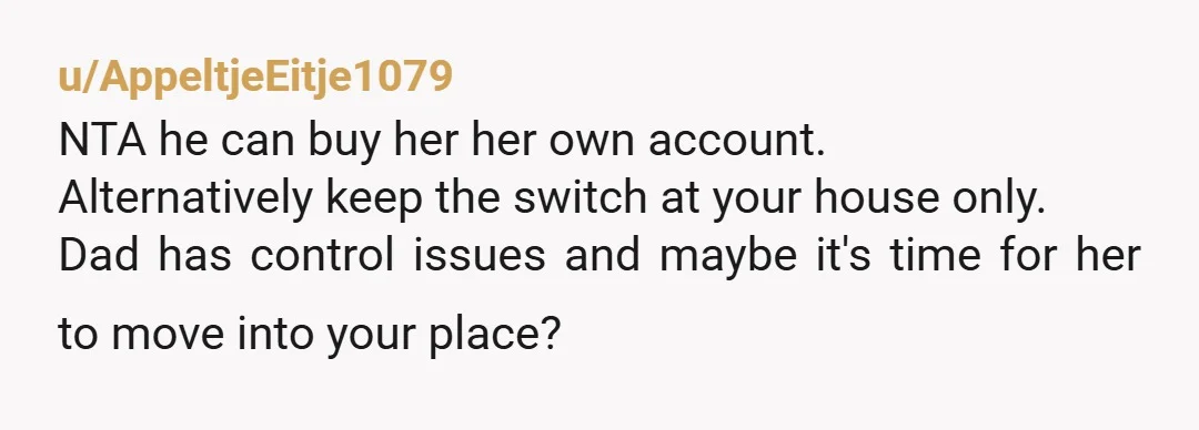 u/Zelaznogtreborknarf Require him to send it back to you if he doesn't want her to have it due not not controlling the account. And let your child know why her...