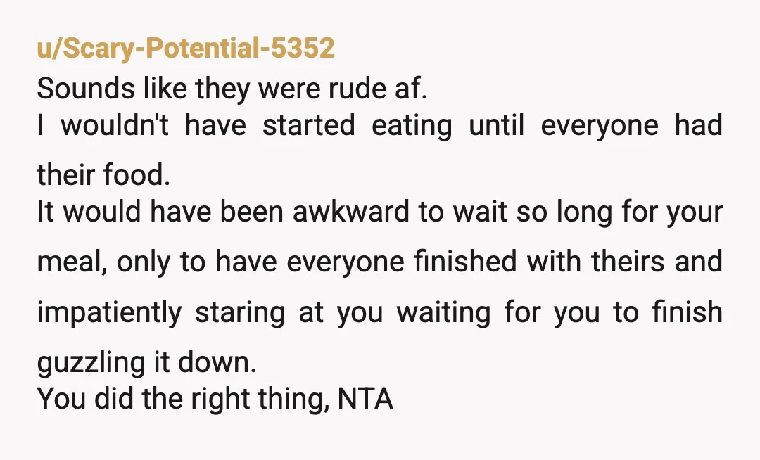 u/curlyq9702 NTA - At 20 mins they Still hadn’t started your order yet, which makes absolutely 0 sense & I would have cancelled my order, too. Your ex & her...