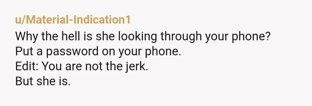u/Material-Indication1
Why the hell is she looking through your phone?
Put a password on your phone.
Edit: You are not the jerk.
But she is.