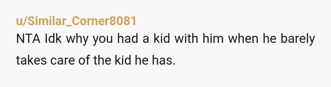 u/Similar_Corner8081
NTA Idk why you had a kid with him when he barely takes care of the kid he has.