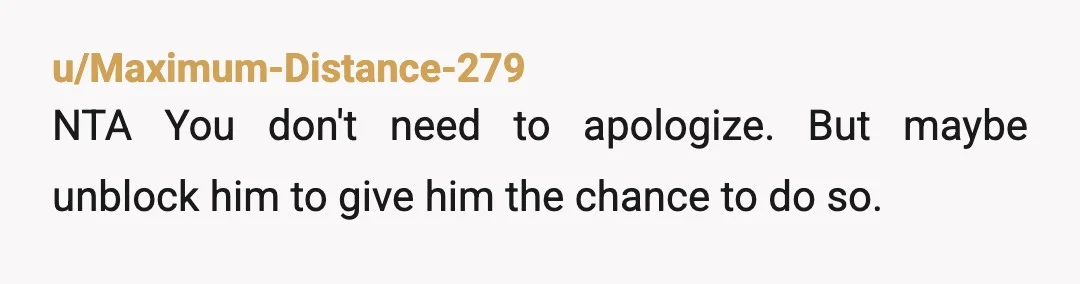 u/Maximum-Distance-279
NTA You don't need to apologize. But maybe unblock him to give him the chance to do so.