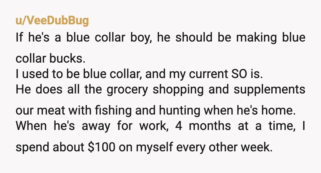 u/VeeDubBug If he's a blue collar boy, he should be making blue collar bucks. I used to be blue collar, and my current SO is. He does all the grocery...