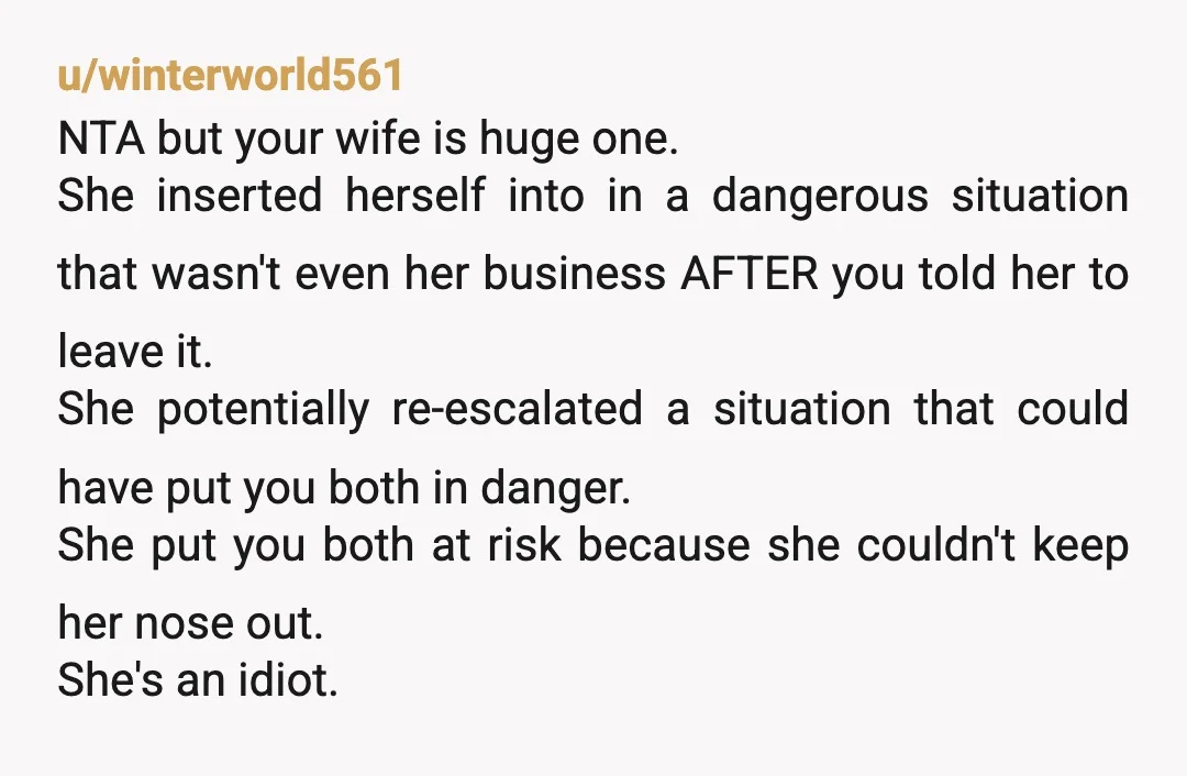 u/winterworld561 NTA but your wife is huge one. She inserted herself into in a dangerous situation that wasn't even her business AFTER you told her to leave it. She potentially...