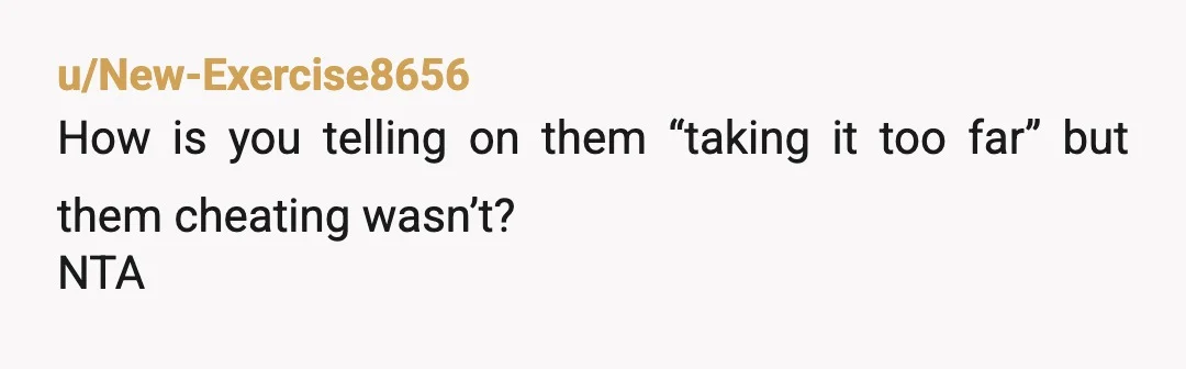 u/New-Exercise8656
How is you telling on them “taking it too far” but them cheating wasn’t?
NTA