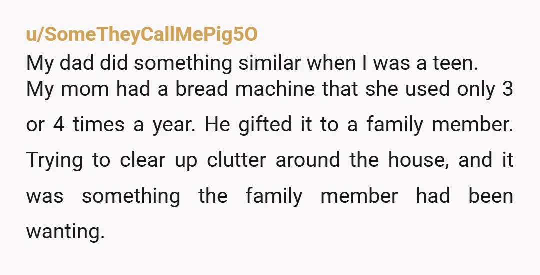 u/SomeTheyCallMePig5O My dad did something similar when I was a teen. My mom had a bread machine that she used only 3 or 4 times a year. He gifted it...
