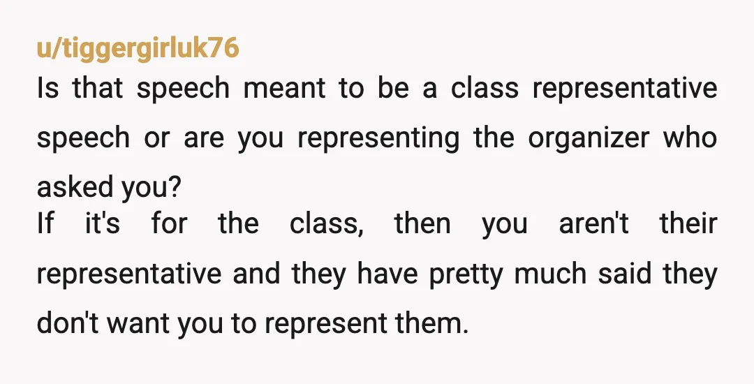 u/Hawkwise83 Let the organizers figure this out. Tbh I don't know why you both couldn't speak. It's what, an extra 5 minutes? Why does it have to be one or...