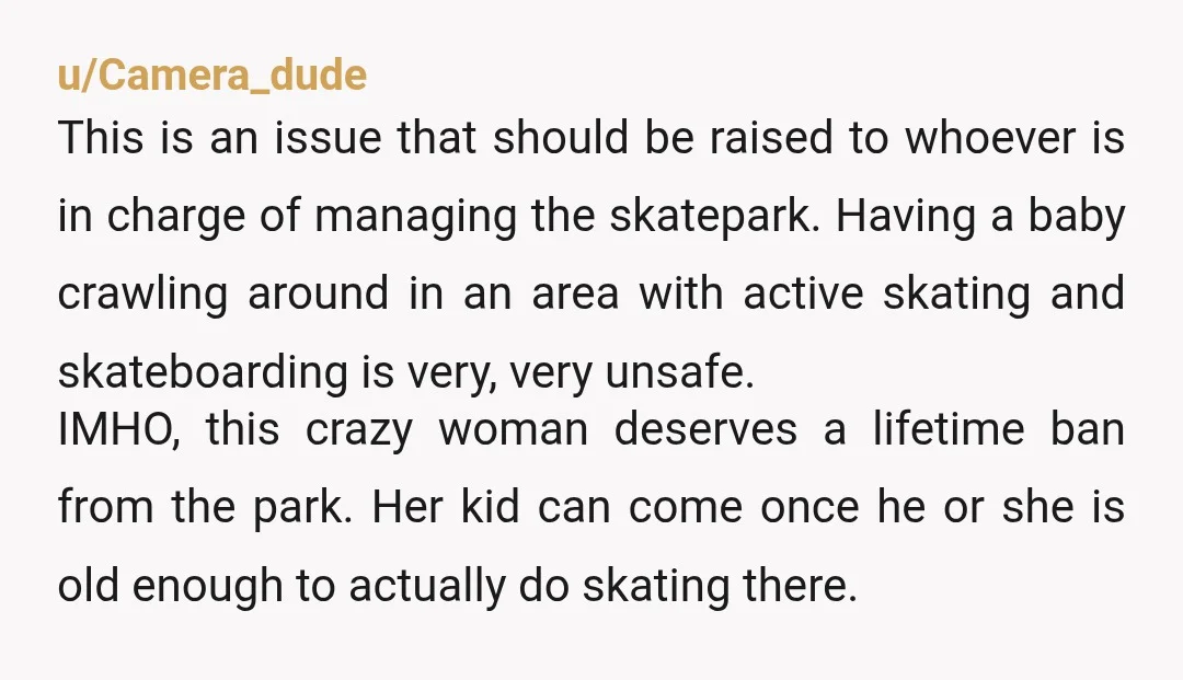 u/secretpsychonaut The skatepark isn't meant for people like you. What... Skateboarders? This woman sounds like an idiot. It sounds like she put her toddler in danger too by choosing to...