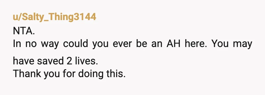 u/Salty_Thing3144
NTA.
In no way could you ever be an AH here.  You may have saved 2 lives. 
Thank you for doing this. 