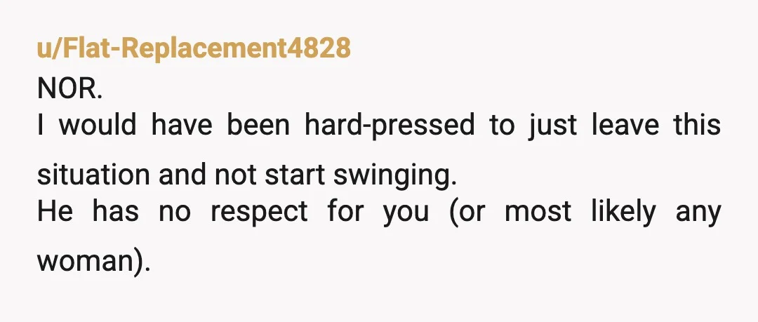 u/Flat-Replacement4828
NOR.
I would have been hard-pressed to just leave this situation and not start swinging.
He has no respect for you (or most likely any woman).