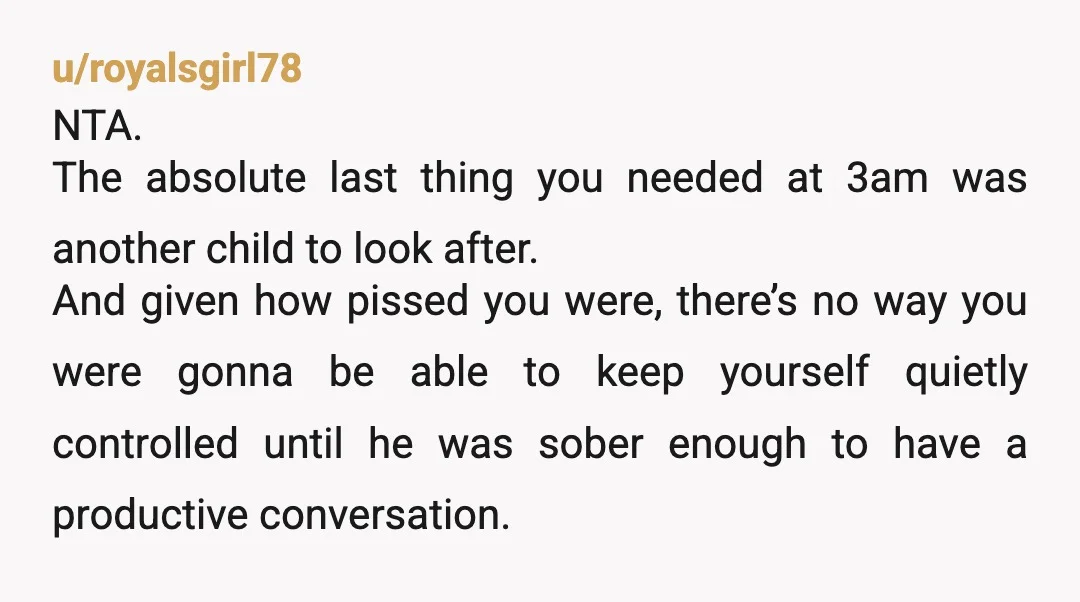 u/royalsgirl78 NTA. The absolute last thing you needed at 3am was another child to look after. And given how pissed you were, there’s no way you were gonna be able...