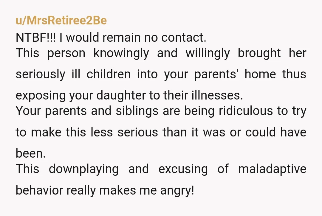 u/BothTreacle7534 NTBF she was IMHO irresponsible at best, and her refusal to apologise, or even acknowledge that she could have handled it better is IMHO disgusting, especially as she grew...