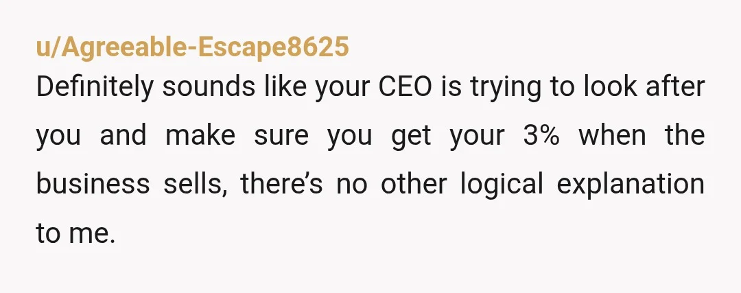 u/Agreeable-Escape8625 Definitely sounds like your CEO is trying to look after you and make sure you get your 3% when the business sells, there’s no other logical explanation to me....