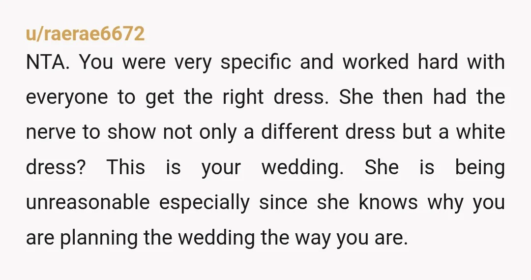 u/raerae6672 NTA. You were very specific and worked hard with everyone to get the right dress. She then had the nerve to show not only a different dress but a...