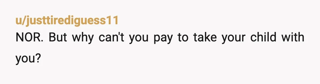 u/justtirediguess11
NOR. But why can't you pay to take your child with you?