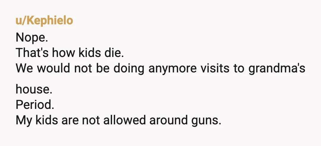 u/badadvicefromaspider NOR, that should be the end of visits to her home as long as she has that thing. That is so incredibly irresponsible and stupid, and the potential consequences...