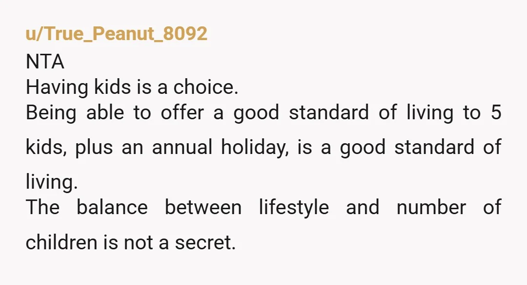 u/True_Peanut_8092 NTA Having kids is a choice. Being able to offer a good standard of living to 5 kids, plus an annual holiday, is a good standard of living. The...