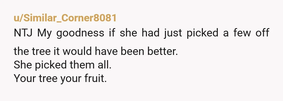 u/jax2love
She lost her rights to the fruit tree when she sold the house. It’s your tree now. NTJ.
