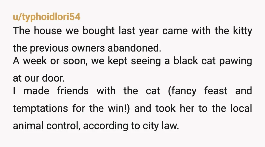 u/axw3555
NTA.
She abandoned an animal that she took in and took responsibility for.
If she didn’t want an animal cruelty charge, she shouldn’t have been cruel to her animal.