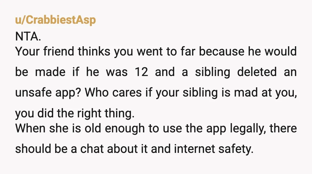u/CrabbiestAsp NTA. Your friend thinks you went to far because he would be made if he was 12 and a sibling deleted an unsafe app? Who cares if your sibling...